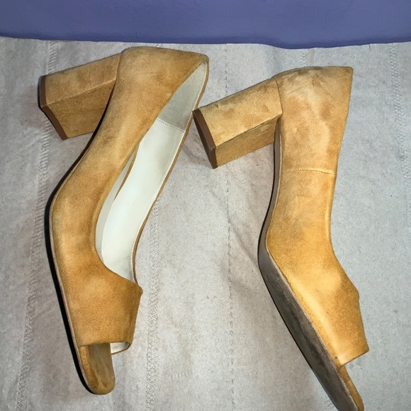 Zara mustard yellow suede open toe block heels shoes Sz 8 - Picture 2 of 7